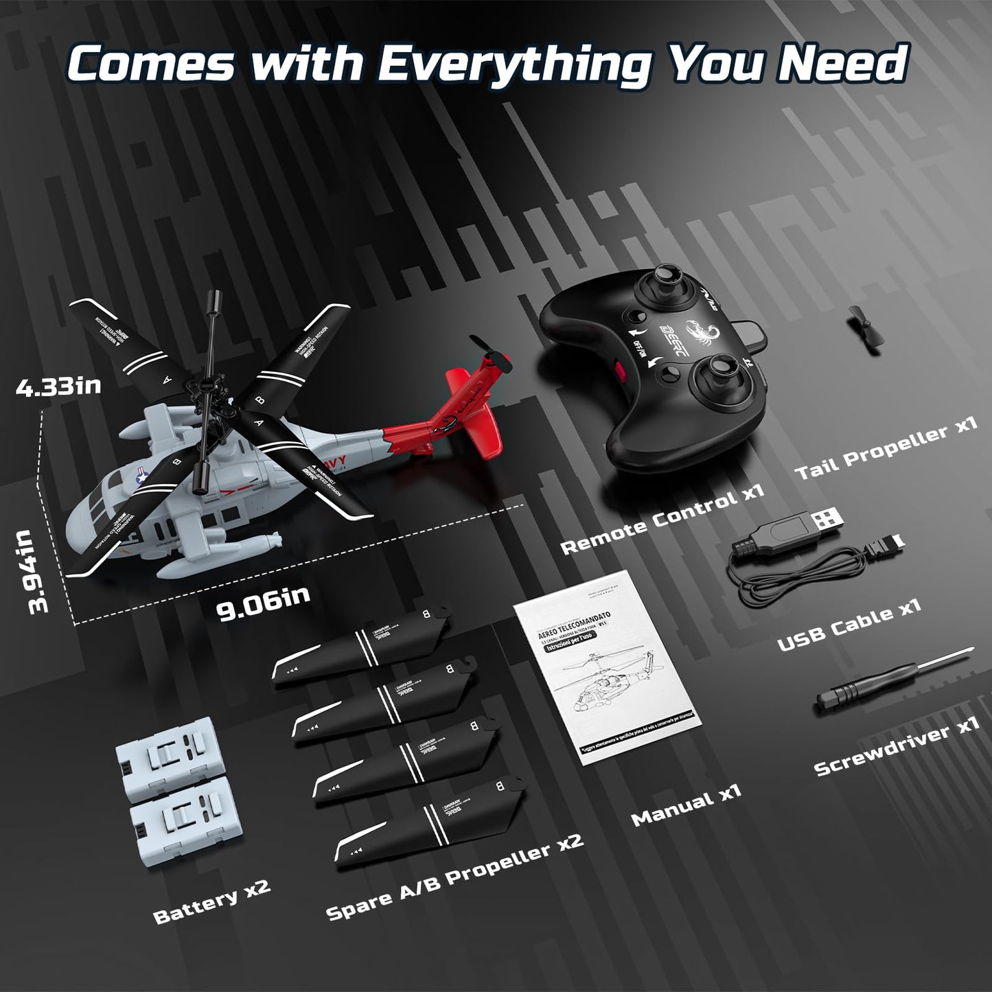DEERC Black Hawk RC Helicopter,2.4GHz Remote Control Helicopter with 2 Batteries,26 Mins Flight,Indoor Helicopter Toy for Kids Adults,One-Key Take off,LED Light,Altitude Hold,Flying Gift for Boys 8-12