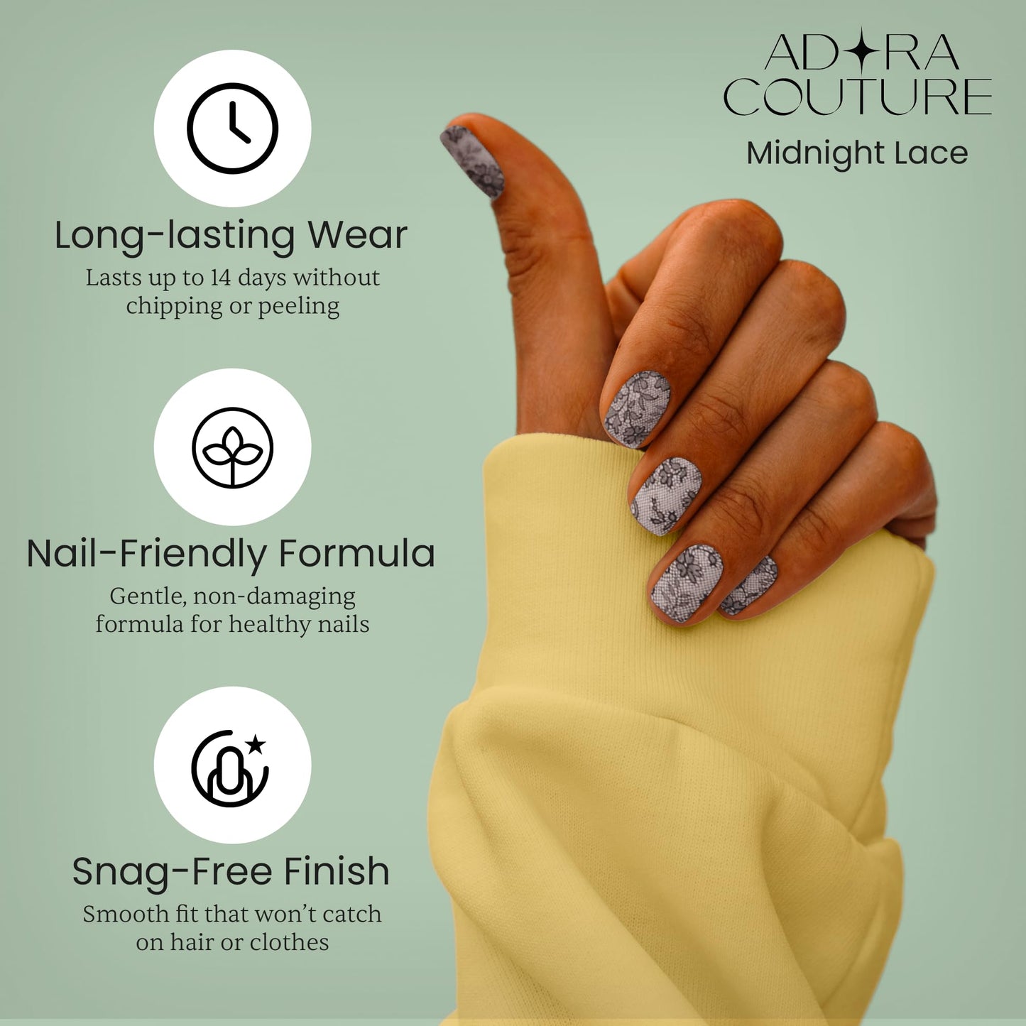 Adora Couture Semi Cured Gel Nail Strips with 20 Pieces - UV Gel Stickers, Manicure Kit, Easy Application Wraps Includes Prep Pads, Nail File, Wooden Stick - UV Light Required (Midnight Lace)