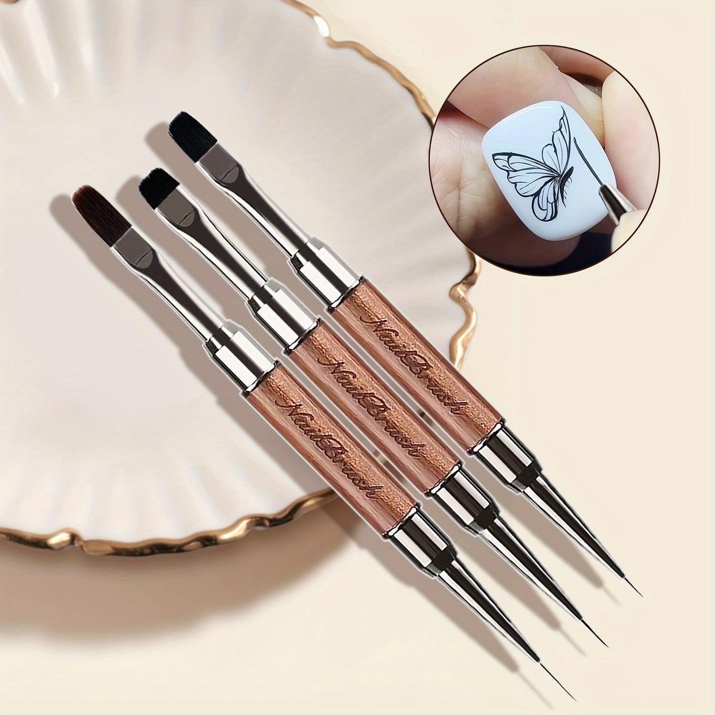 DAIXIANGER 3PCS Dual-End French Tip Brush Set, Nail Art Clean Up Brushes, Gel Nail Brushes with Liner Brushes for Nails & Builder Gel Brush, Cuticle Cleaning, Acrylic & Polygel Nail Design