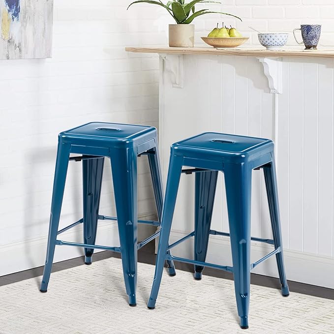 Vogue Furniture Direct 24 Inch Metal Bar Stools, Backless Counter Height Barstools, Indoor Outdoor Stackable Stools with Square Seat, Set of 2 (Deep Blue)