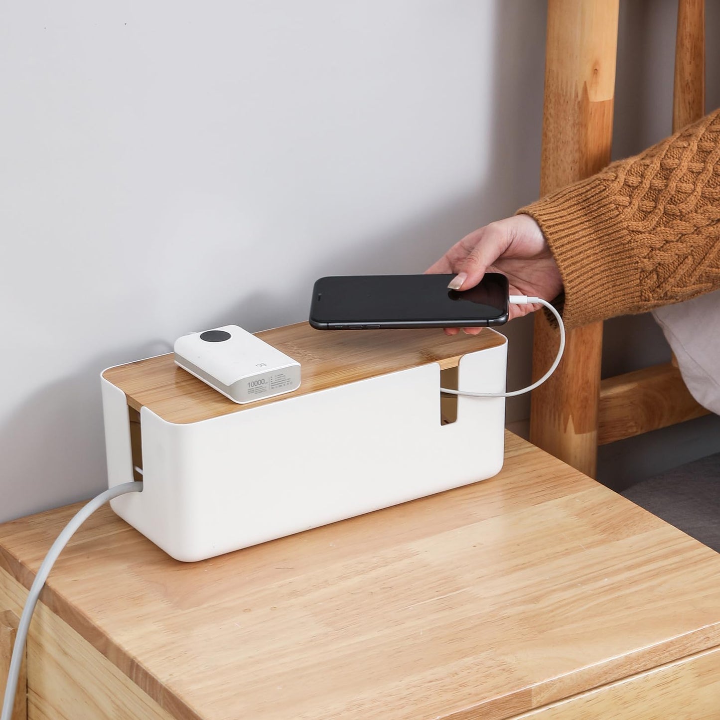 Changsuo Small Cable Management Box with Bamboo Lid for Extension Cord Power Stripe Surge Protector Wire Concealer Organizer Cover Hider (White)