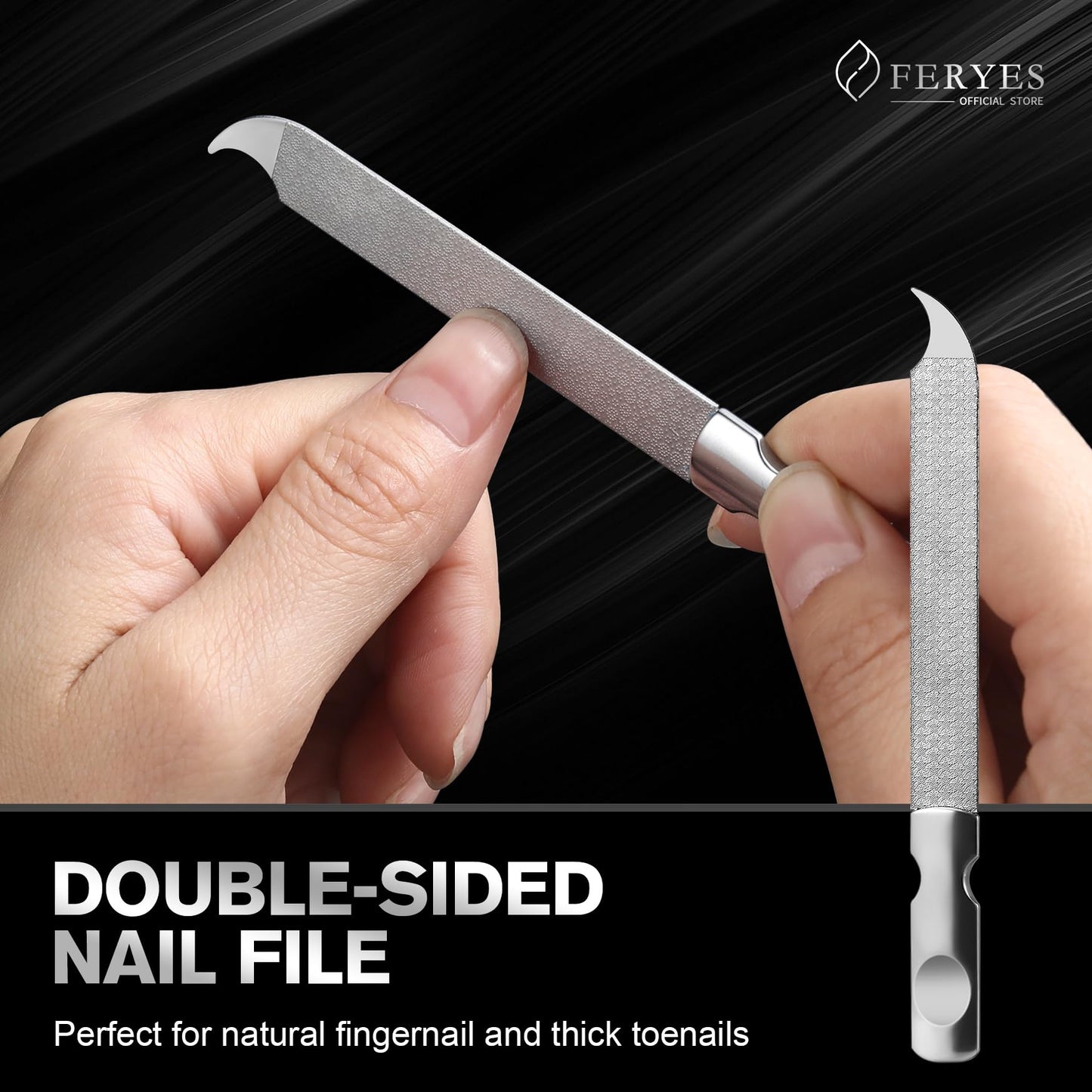 FERYES 5PCS Toenail Clippers Long Handle Clipper for Thick Nails, Straight Blade Clipper for Ingrown Nails, 360° Rotating Jaw Nail Clipper, Cuticle Fork, and Nail File