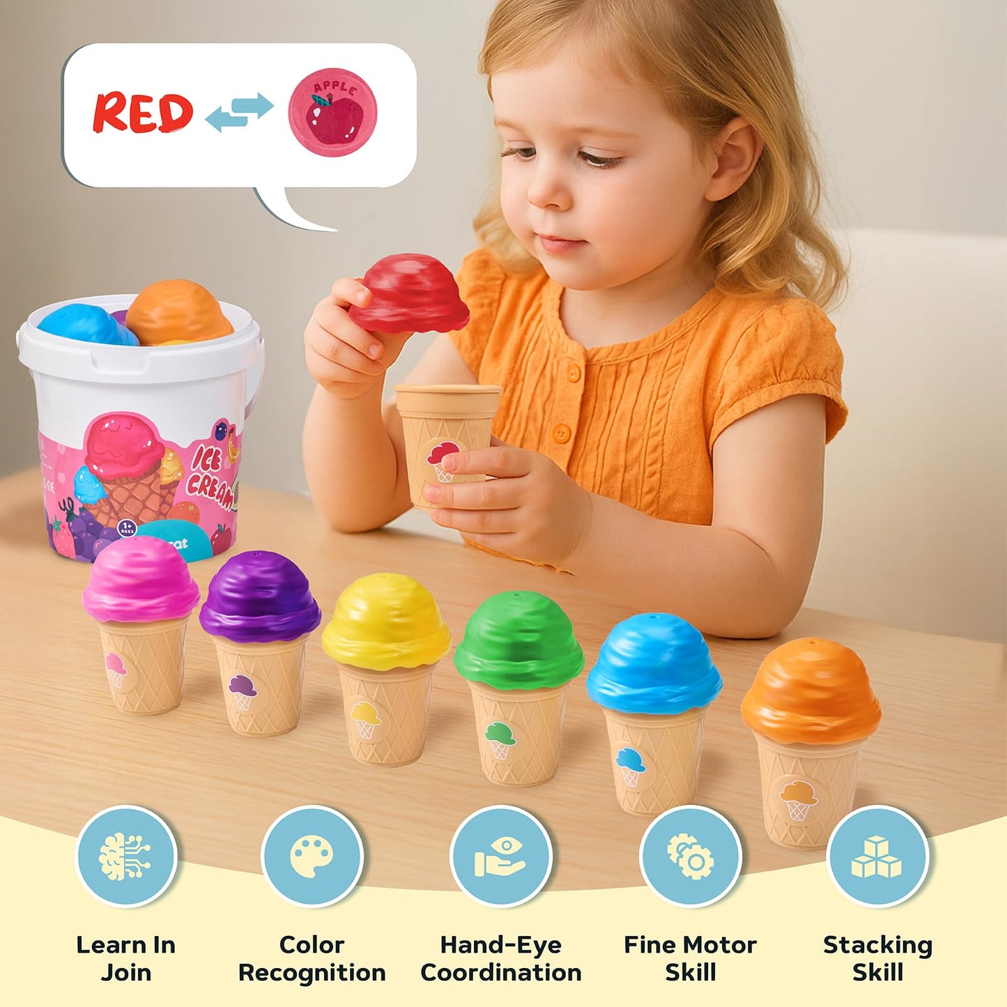 JoyCat Baby Toys 6-12 Months - Mystery Soft Box with 10 Sensory Objects, Rattle, Crinkle Paper, Mirror + Ice Cream Toys for Toddlers, Color Recognition Stacking Play Set with 7 Matching Cones & Scoops
