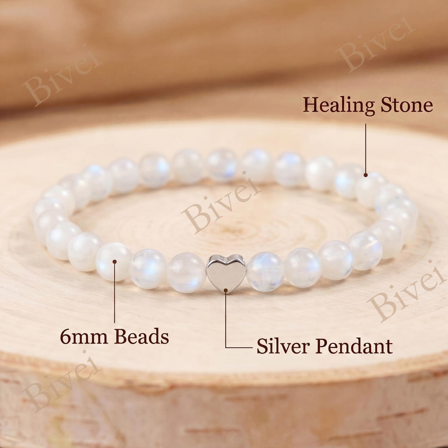 Bivei 6mm Moonstone Crystal Stretch Bracelets for Women, Handmade Natural Stone Beaded Bracelet, Yoga Protection Jewelry Gift