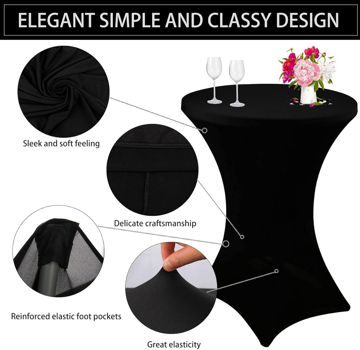 3 Pack Cocktail Spandex Tablecloth 32"x43" Cocktail Table Cover Fitted for High Top Round Table for Bar Wedding Birthday Party Banquet (Black)