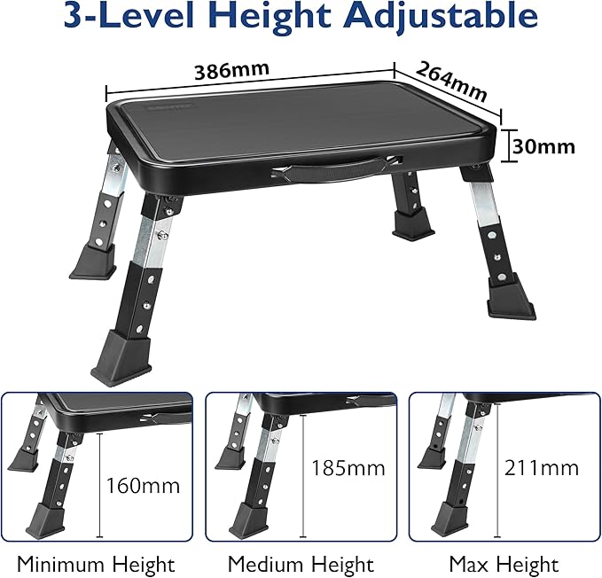BONTEC Folding Step Stool, 3-Level Adjustable Metal Step Stool with Anti-Slip Pedal and Locking Legs, 330lbs Heavy Duty Folding Foot Stool, Portable Stepping Stool for Kids, Kitchen, Home, Office