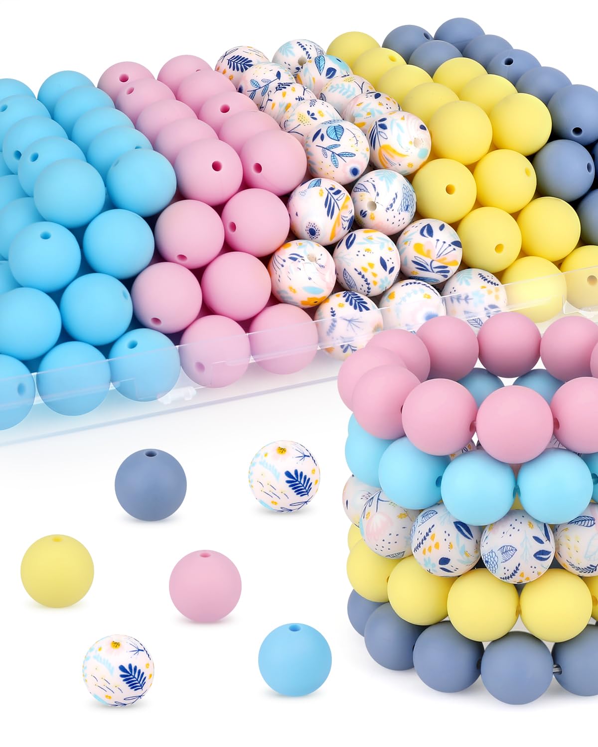 SALUOKE 100 Pcs 15mm Silicone Beads for Keychain Making, Flowers Silicone Beads Bulk Round for Bracelets Pens Crafts Jewelry Making (Flowers)