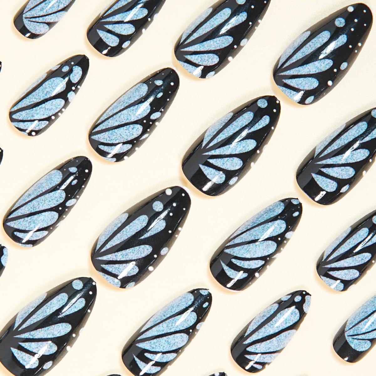 Medium Almond Black Press on Nails - Blue Butterfly Design, Full Cover Glossy Fake Nails 24PCS for Women