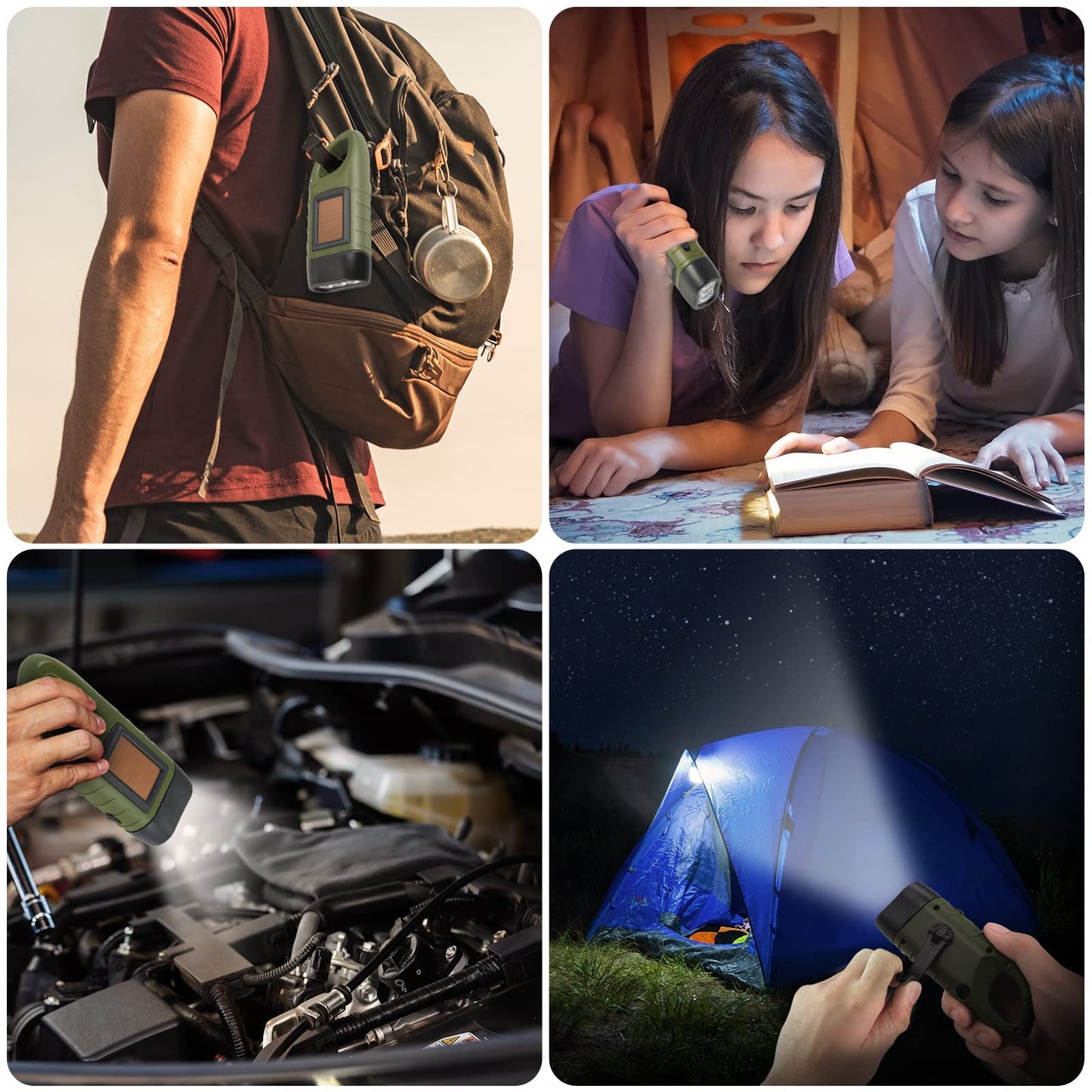 Simpeak 2-Pack Hand Crank Solar Powered Flashlight, Emergency Rechargeable LED Survival Flashlight, Quick Snap Carbiner Dynamo Flash Light Torch for Outdoor Sports, Green