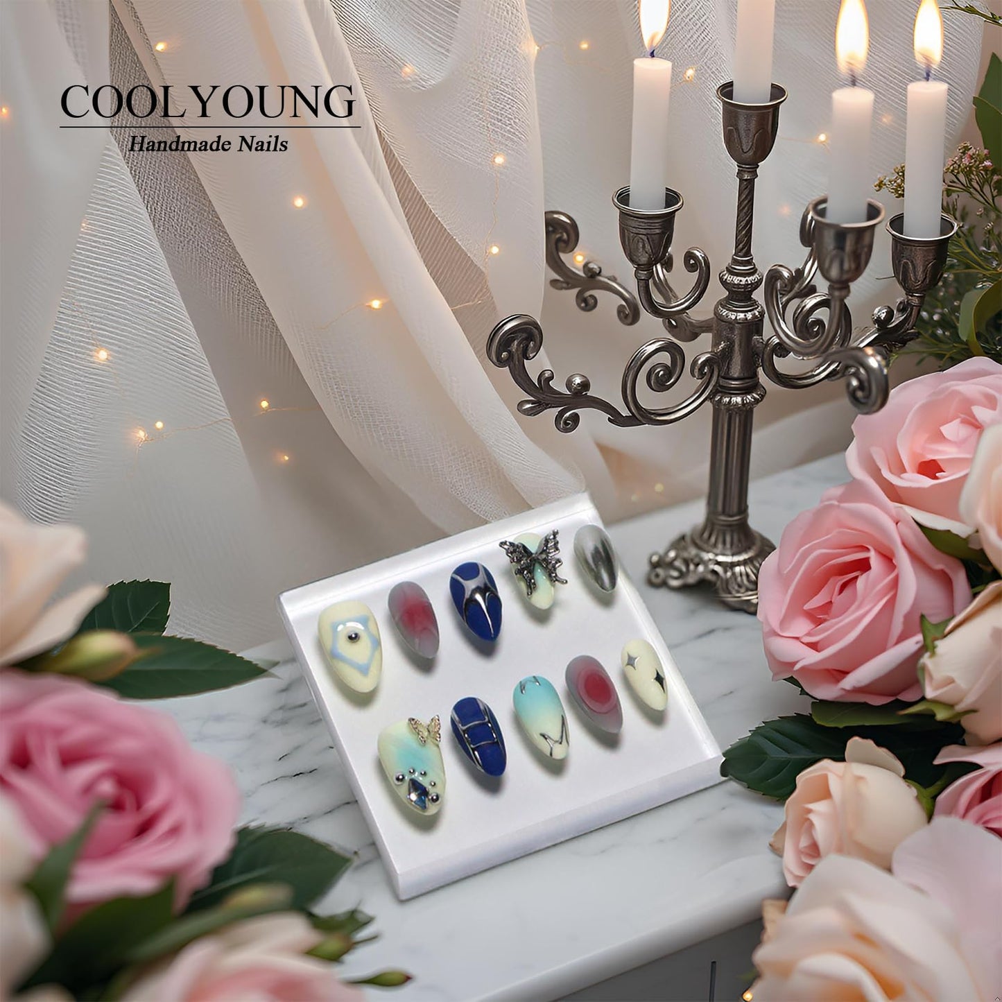 Homemade Press On Nails, Short Almond Press On Nails, Press On Nails Acrylic, Blue Press On Nails, Fake Nails With Designs, Press On Nails 3D, COOLYOUNG Handmade Nails, 10 PCS, Size S
