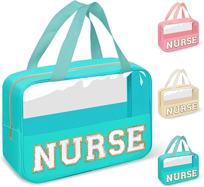 Nurses Week Gifts Chenille Letter NURSE Makeup Bag for Women,Preppy Nurse Cosmetic Pouch Zipper with Handle Nurse Essentials Bag for Work Supplies,Medical Assistant Bag Nursing Students(NURSE-Green)