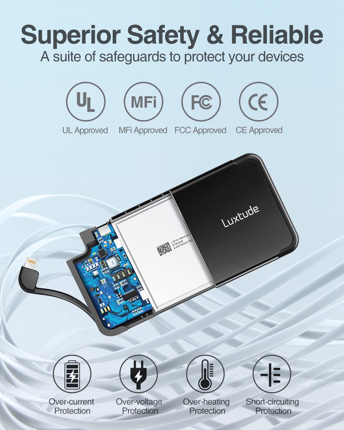 Luxtude Portable Charger iPhone Built in Lightning Cable (MFi Apple Certified), Ultra Slim Portable Phone Charger Thin Battery Pack, 5000mAh Power Bank for iPhone 14/13/12/11/10 etc. (Metal Black)