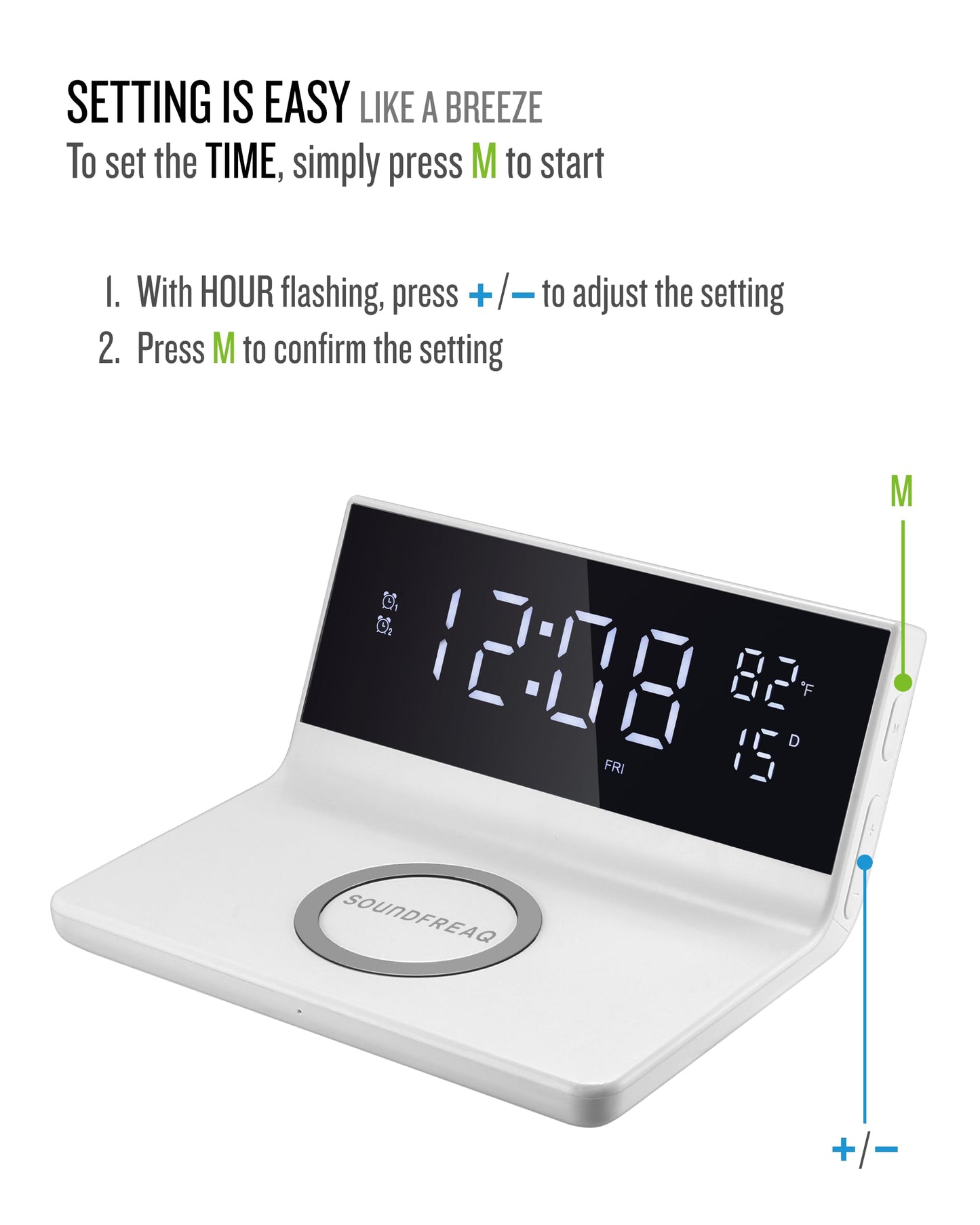 Soundfreaq Charge Rise II, SFQ-20: Digital Alarm Clock, with Dual Alarms, Fast USB Charger and Wireless Charger