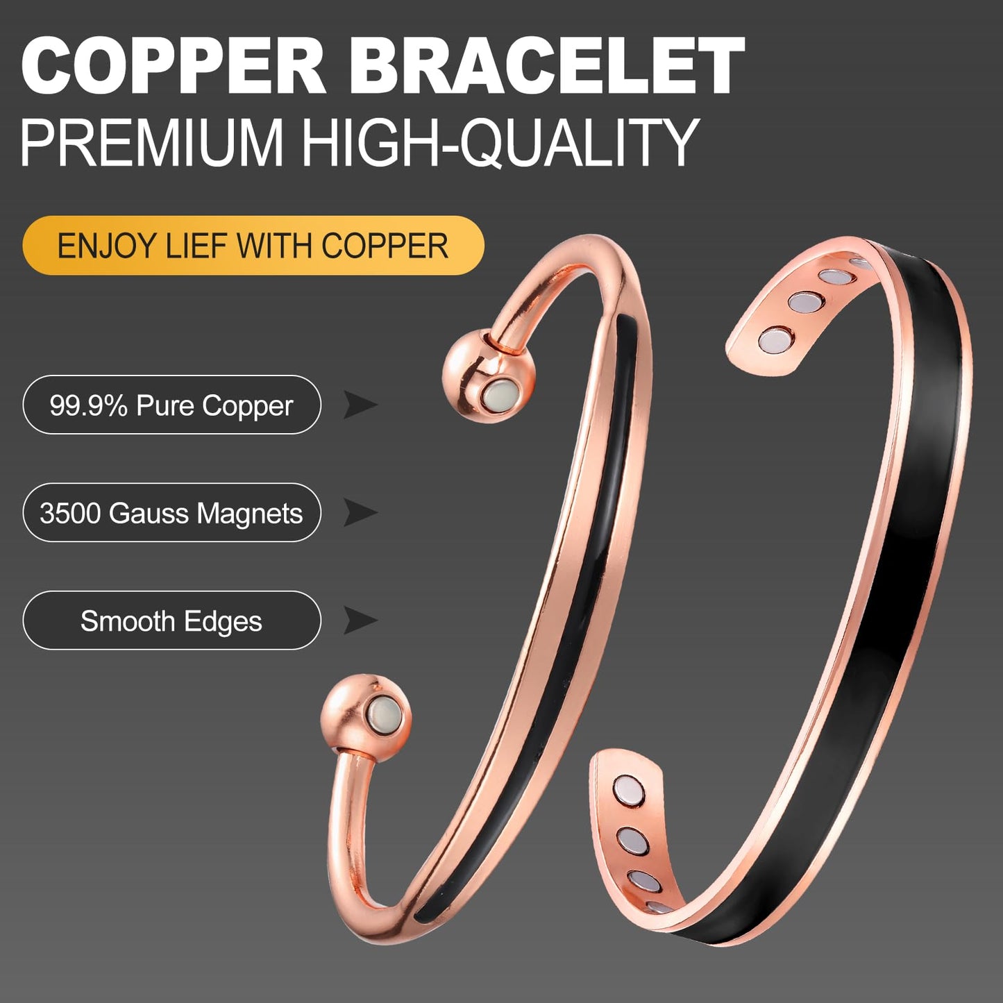 BioMag 2Pcs Copper Bracelets for Women Men, 99.9% Pure Copper Magnetic Bracelet Cuff Bangle with 8Pcs Magnets, Adjustable Jewelry Gifts