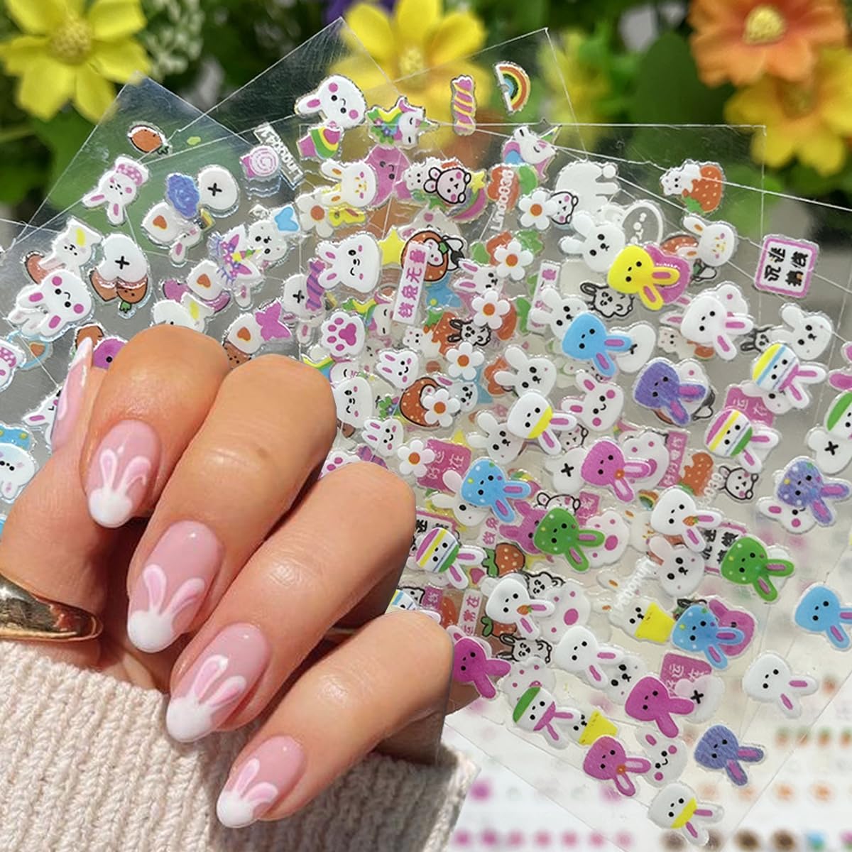 30Sheets Glitter Easter Nail Art Stickers Set 3D Self-Adhesive Nail Decals Cute Bunny Sticker for Nails Art Supplies Cartoon Easter Rabbit Design Manicure Tips Charms for Kids DIY Nail Art Decoration