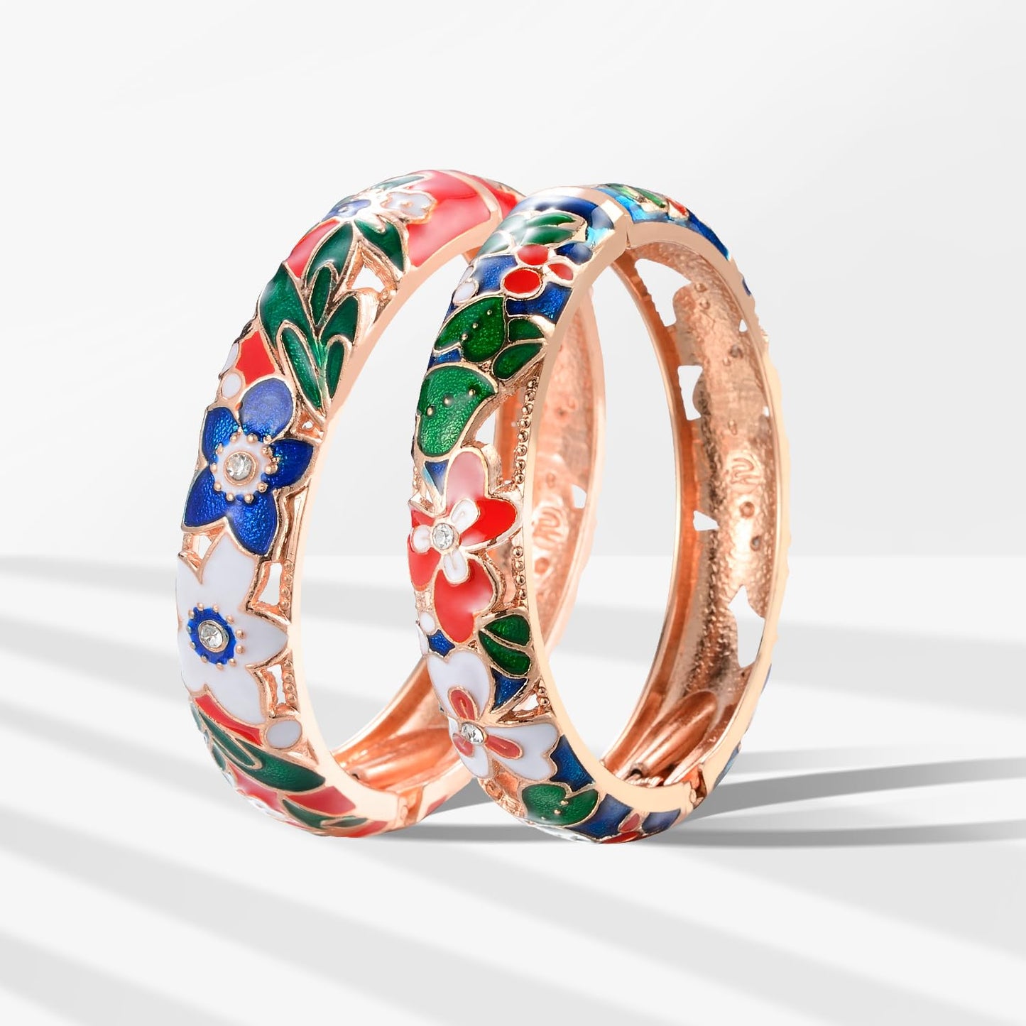 UJOY Vintage Cloisonne Jewelry Bracelet Plated Handmade Bead Rhinestones Enamel Spring Cuff Bangles 2 Pcs Set for Womens Gift 88A22-55A42 blue red