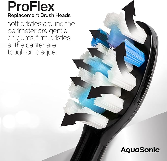 AquaSonic Proflex Replacement Brush Heads | ADA Accepted | for Whiter Teeth & Gum Care | Compatible with Many AquaSonic Toothbrush Handles (8 Pack Black)