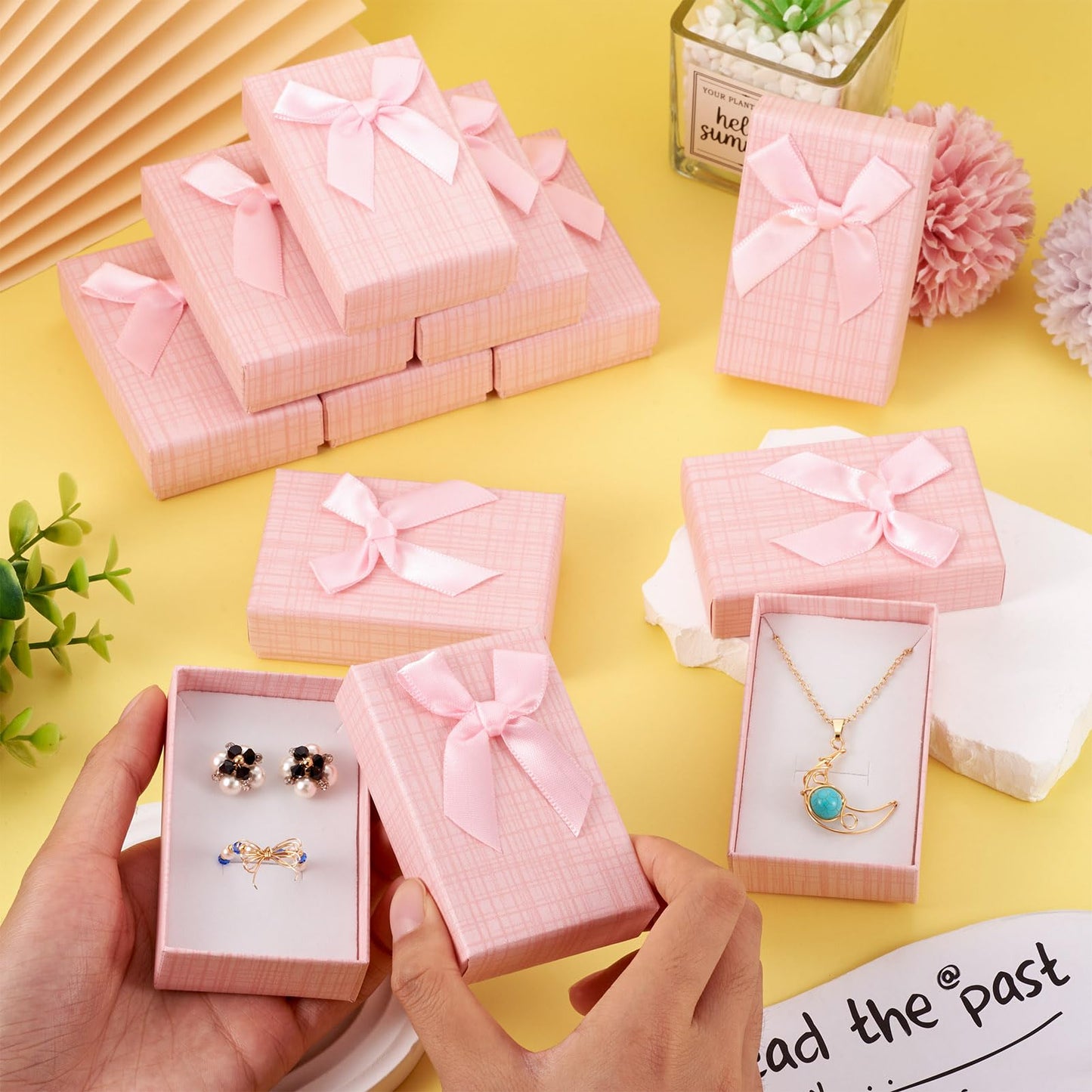 Craftdady 12 pcs Jewelry Gift Box Set Empty Packaging Cases with Bowknot Rectangle Cardboard Paper Jewelry Boxes with Lid for Necklaces Rings Earrings Pendants Displaying (Pink)