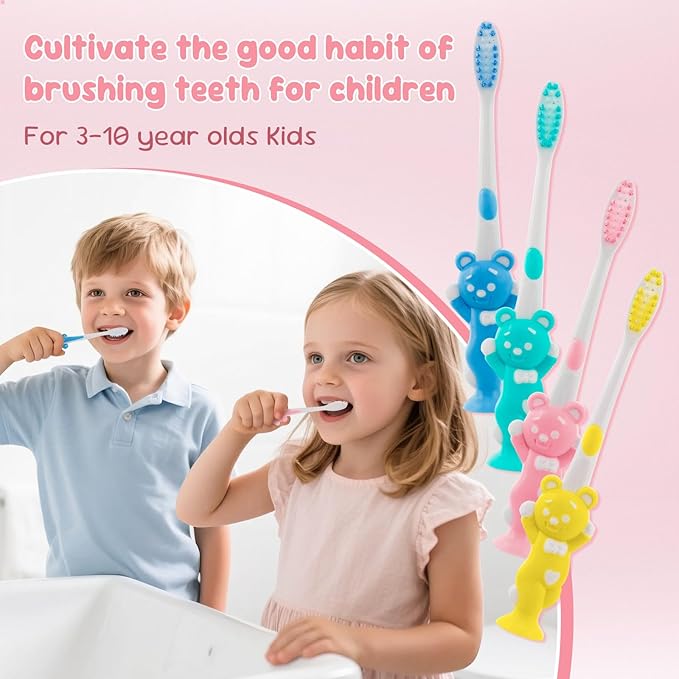 Toothbrushes for Kids In Bulk, Individually Wrapped Disposable Toothbrush Cute Manual Soft Bristles Children Toothbrush With Cover Suction Cup Toddler Toiletries Set for Home/School/Travel (8 Pack)