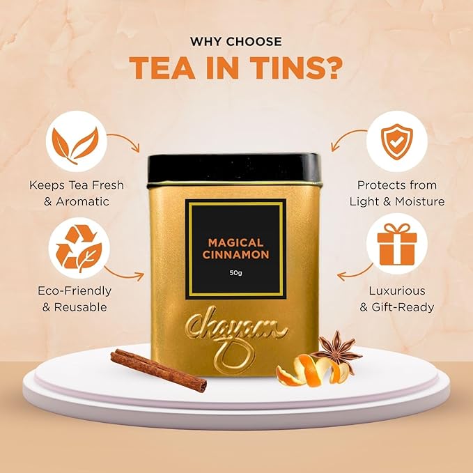 CHAYAM Magical Cinnamon Tea Tin – Green Tea Loose Leaf, 50g (1.76 oz) Each – With Sweet Clove, Star Anise & Orange Peel – Spiced Herbal Tea – Lightly Caffeinated – Gift Tin