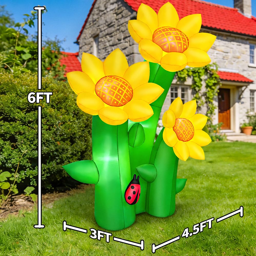 KOOY 6FT Spring Easter Inflatable Sunflowers Outdoor Decoration, Inflatable Sunflowers Blow Up Yard Decor Built-in LED Lights for Spring Summer Easter Yard Garden Lawn Party