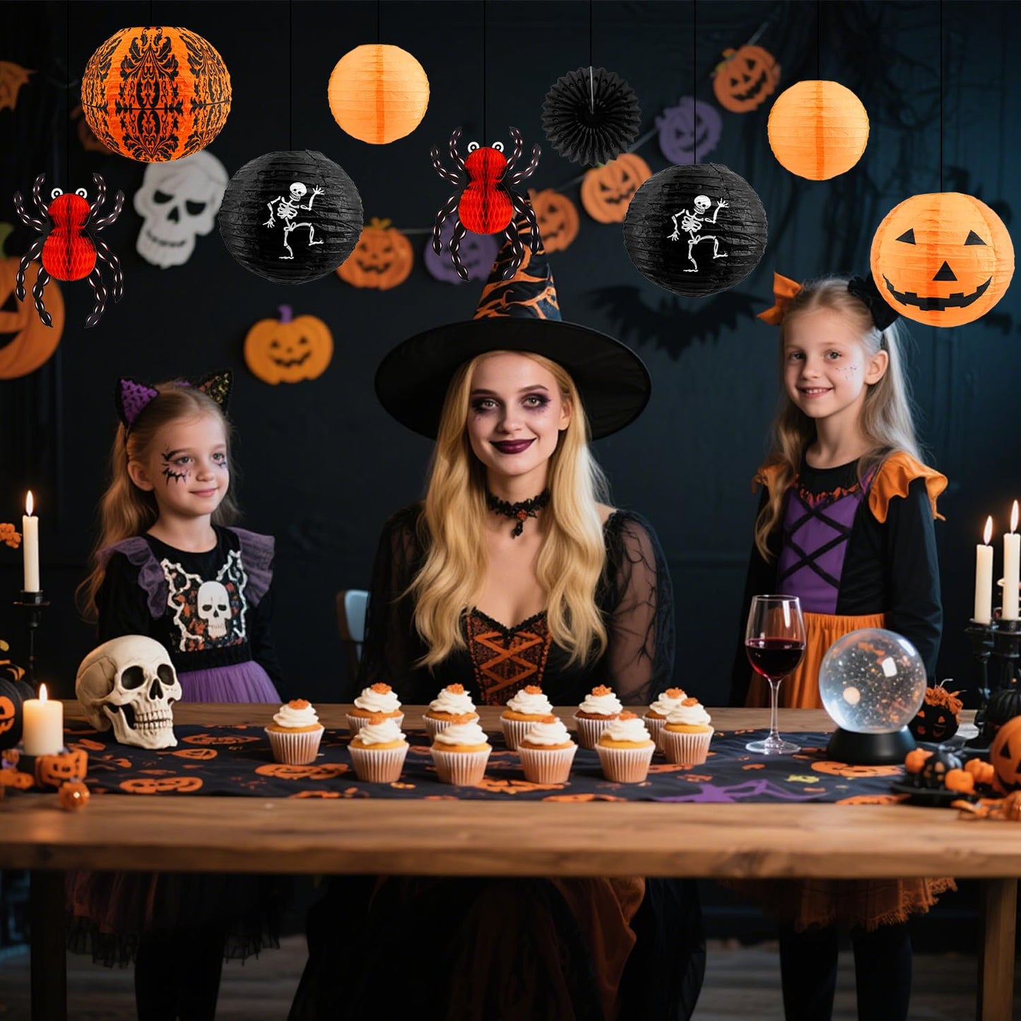 12 Pcs Halloween Hanging Decorations Paper Lanterns, Jack-o'-Lanterns Spider Skeleton Pumpkin for Indoor Outdoor Home Decor, Party Supplies, Yard - 12" & 8"