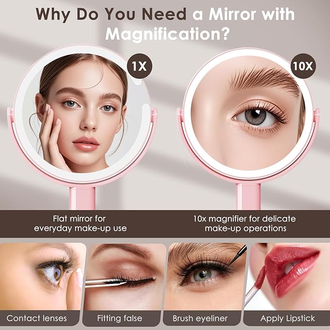 Makeup Mirror with Lights, Lighted Make Up LED Vanity Mirror for Travel, 1x/10X Magnifying Mirror, Rechargeable 3 Color & Adjustable Brightness, 360° Rotation Detachable (Pink)
