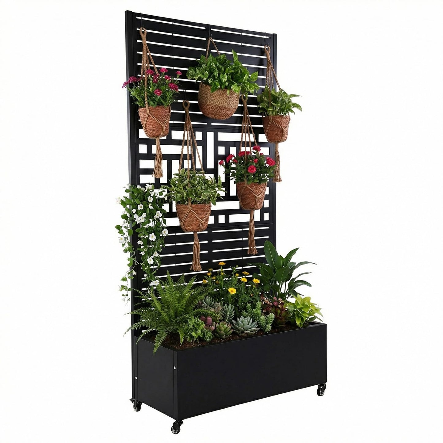 CervidomePro Metal Planter Box with Trellis Standing Planter Box for Climbing Plants/Vines Raised Garden Bed On Wheels 70.87x35.43x15.75 Inch
