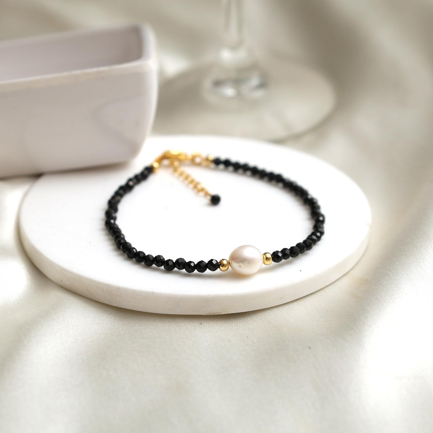 Gempires Black Spinel Beaded Bracelet with Pearl, Handcrafted Fresh Pearl and Gemstone Beads Adjustable Bracelet in 14k Hypoallergenic Gold Plated, Gift for Her (7.5 + 1 Inch Extender)