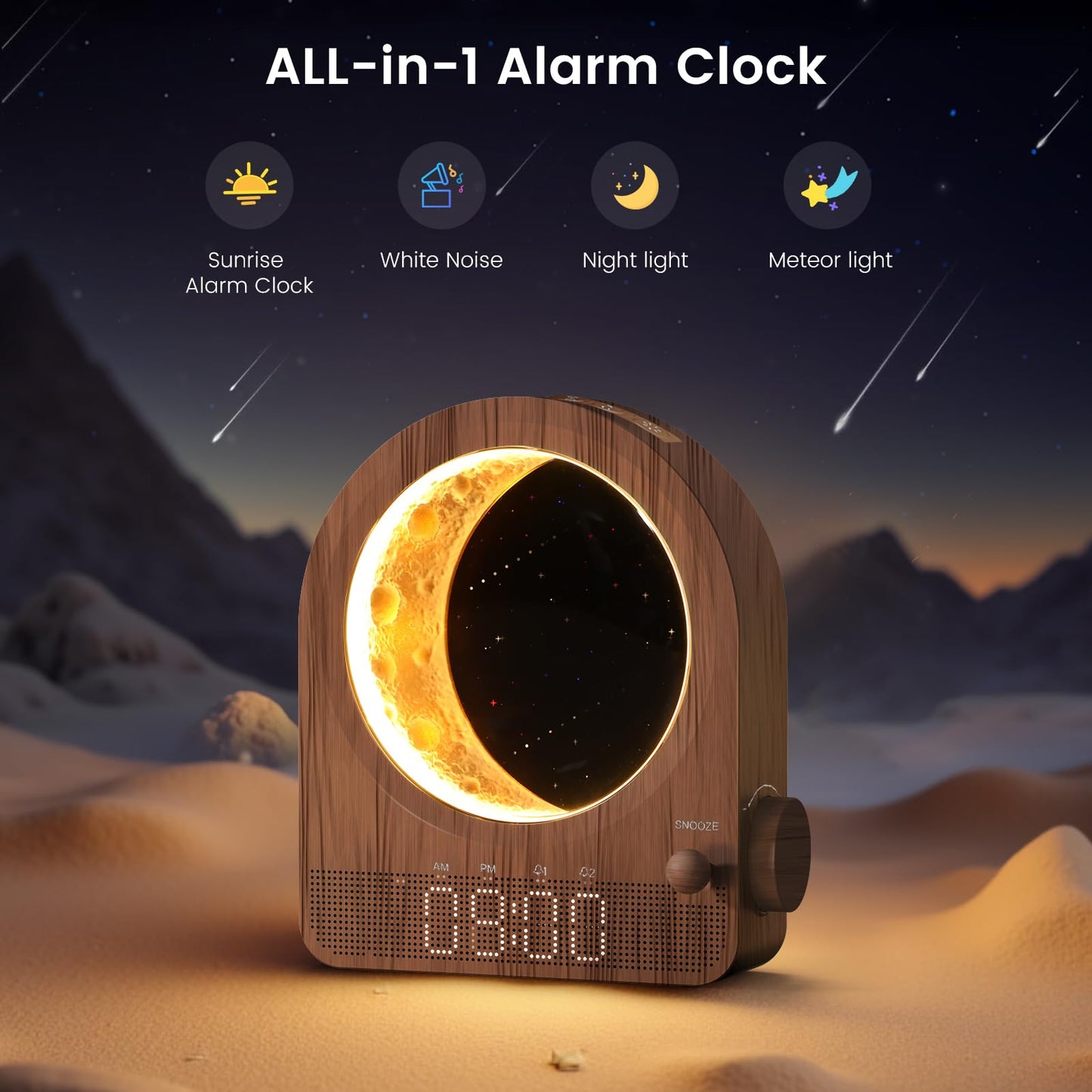 Epochleno Sunrise Alarm Clock, White Noise Machine & Meteor Moonlight - 10 Soothing Sounds, Dual Alarms, 30/60/90min Timer, Easy Snooze - Bedroom Gift for Insomnia Adults/Women - Walnut