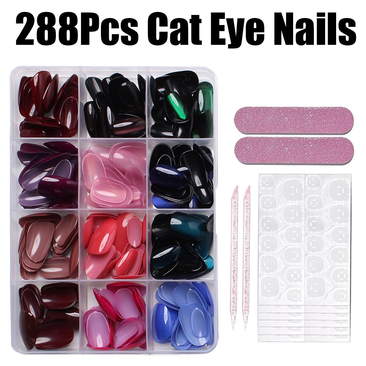 288Pcs Cat Eye Press on Nails Short Almond Fake Nails 12 Color Glitter False Nails Shiny Acrylic Glossy Glue on Nails Gradient Stick on Nail for Women Manicure