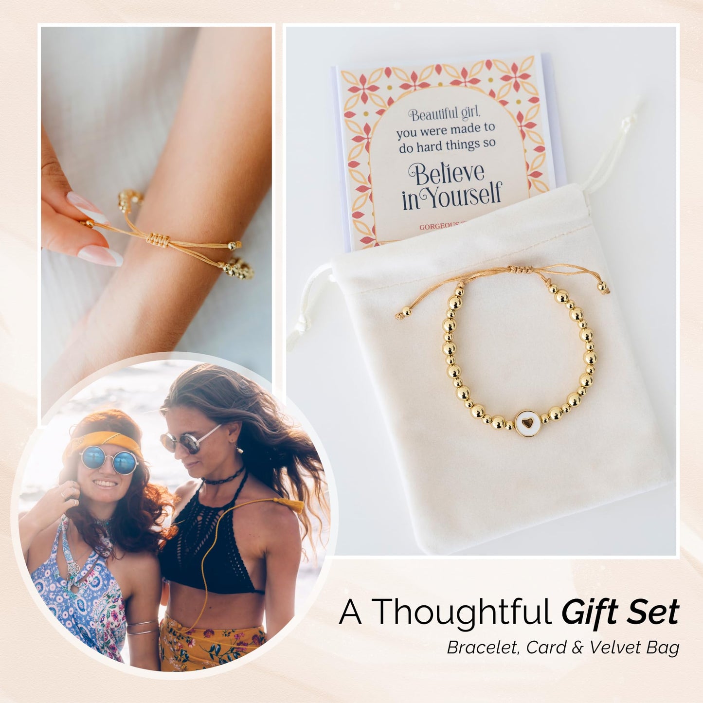 Inspirational Bracelets for Women – 18K Gold Plated – Motivational Gift Heart Pendant with Card