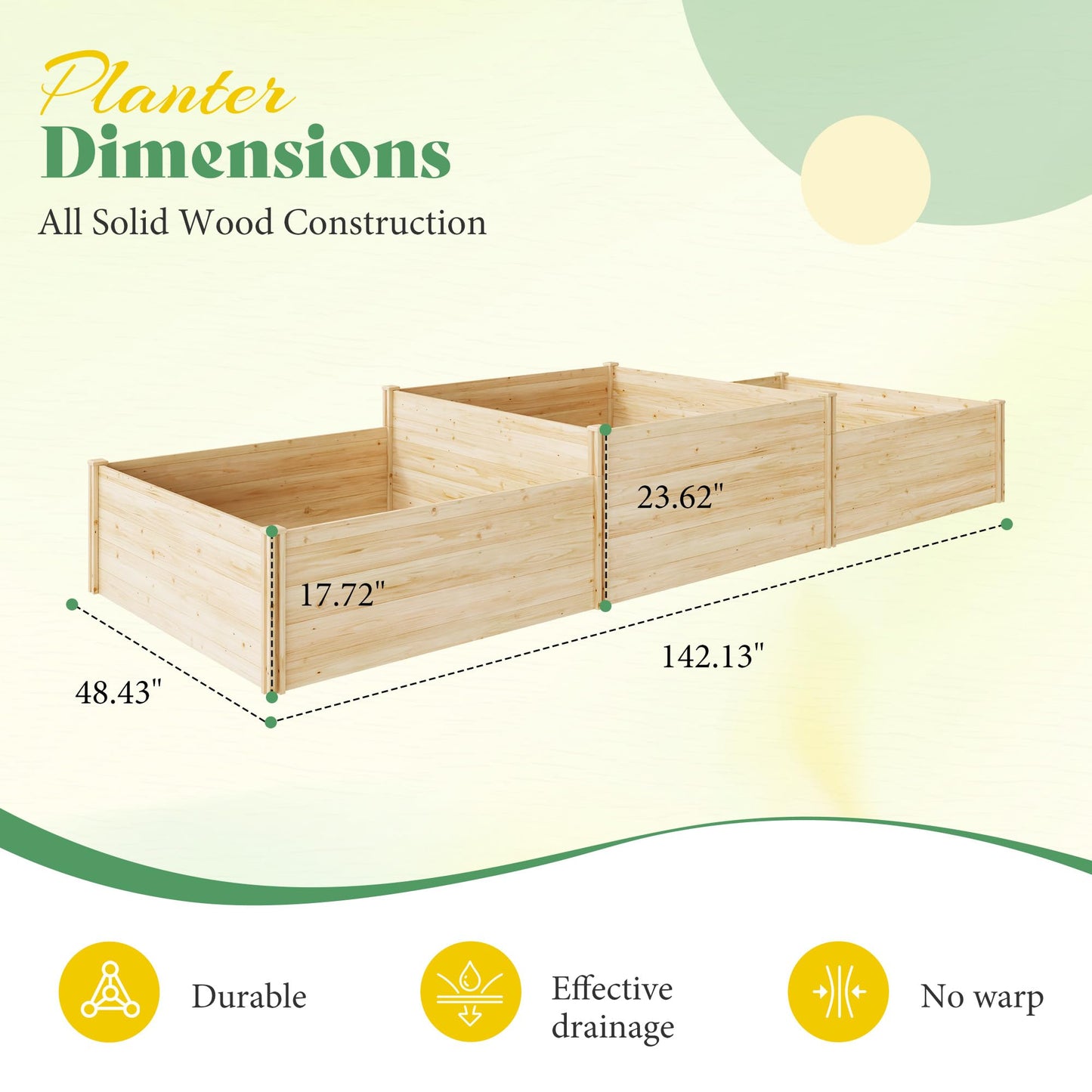 SPECRAFT 2-Tier Raised Garden Bed, 23-Inch Deep Fir Wood Planter Box with Mortise & Tenon Structure, 3-Section Open Base for Vegetable, Flowers & Herb, for Backyard, Garden, Patio, 142 x 49 x 24 in