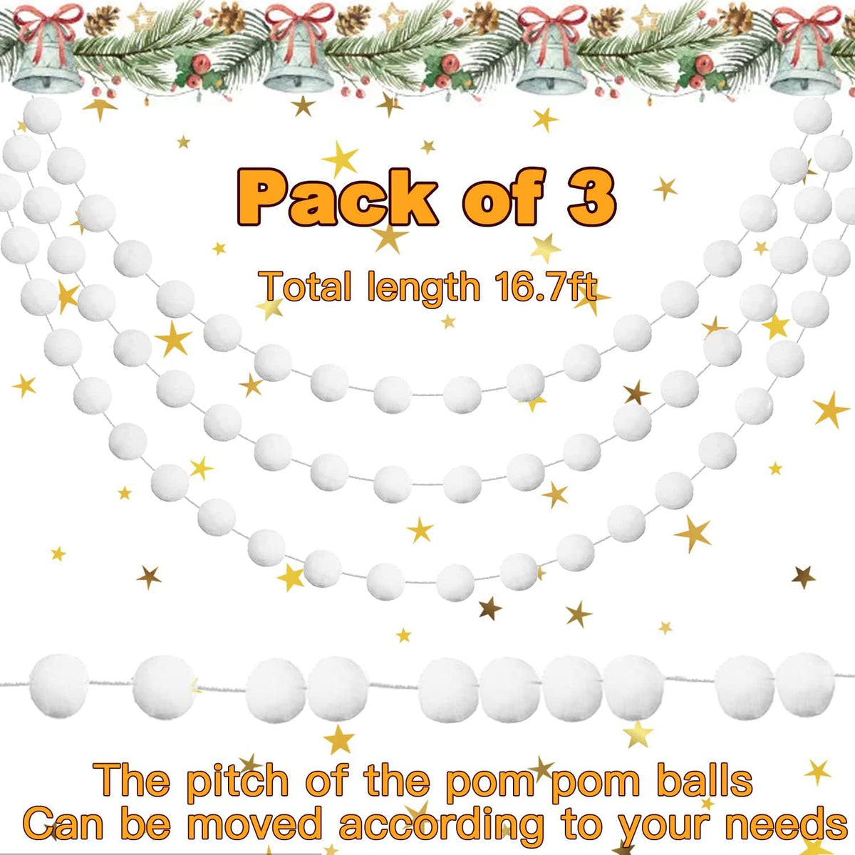 Jishi 3pk White Felt Pom Pom Garland Christmas Tree Decorations Indoor Home Decor, Cute Winter Wonderland Snow Ball Ornaments, Hanging String Pompom Snowball Beads, Xmas Holiday Birthday Party Banners