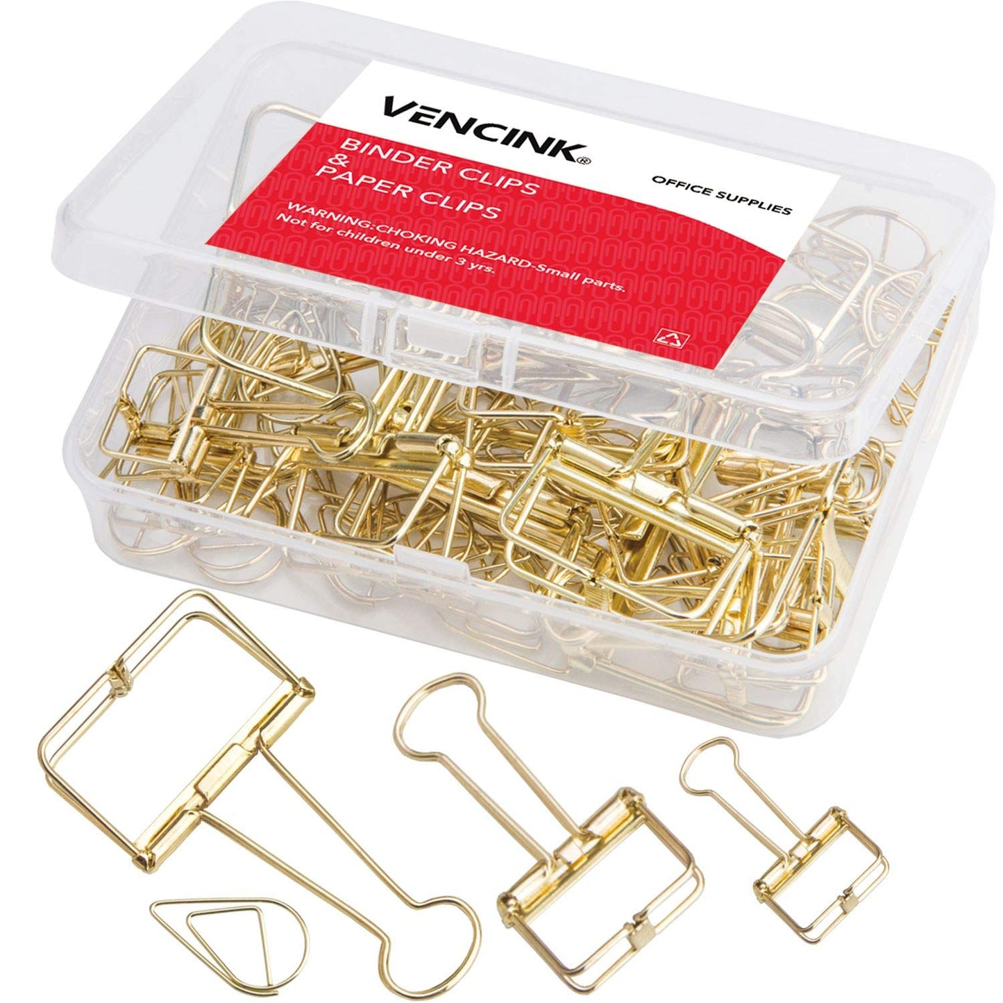 18 Pcs Gold Wire Binder Clips and 20 Pcs Cute Paper Clips Set Assorted Sizes, 2 Big 6 Medium 10 Small Smooth Steel Hollow Office Clamp Clips