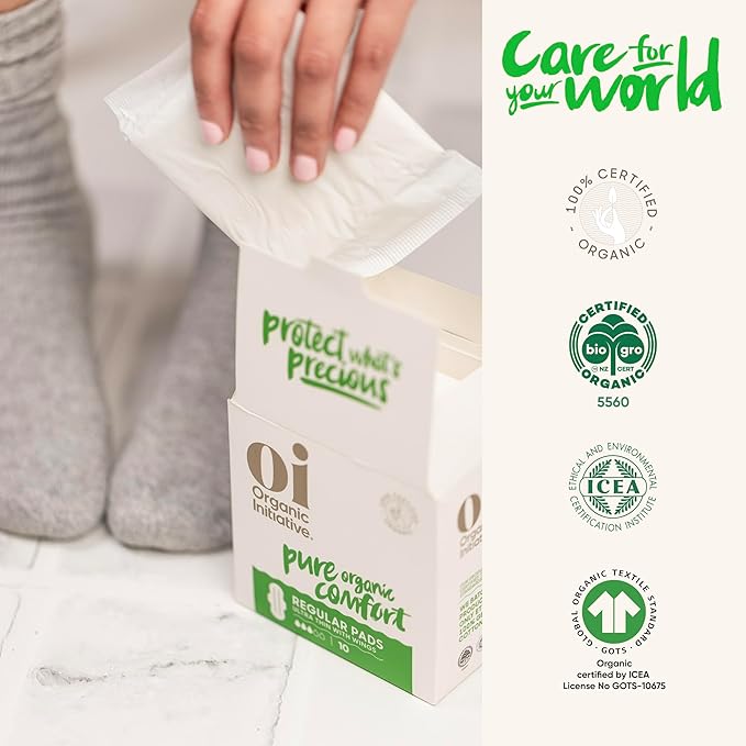 Oi | Organic Initiative - Ultra-Thin Pads with Wings | 100% Certified Organic Cotton, Unscented | Leak Free, Biodegradable | Non-GMO, Toxin Free (Regular, 20, Count)