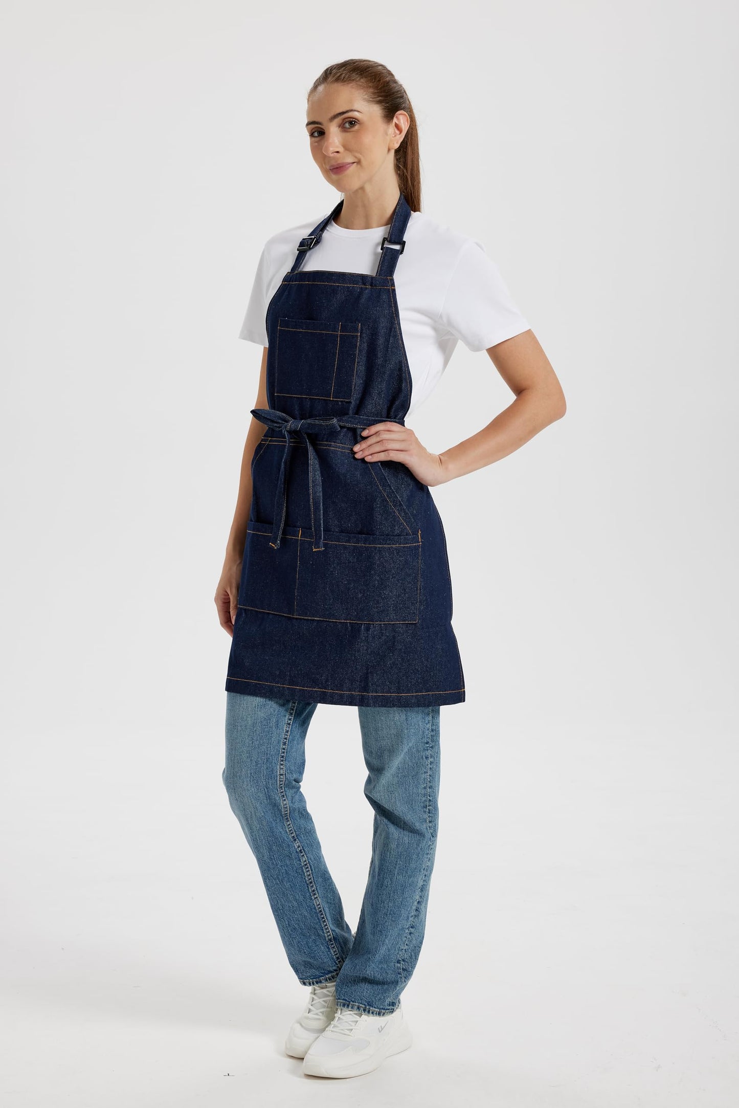 CIRCOOLE Chef Apron for Men Women with Large Pockets, Adjustable Denim Apron for Cooking, Baking, Gardening, Woodworking, Painting,Size M to XXL(Blue)