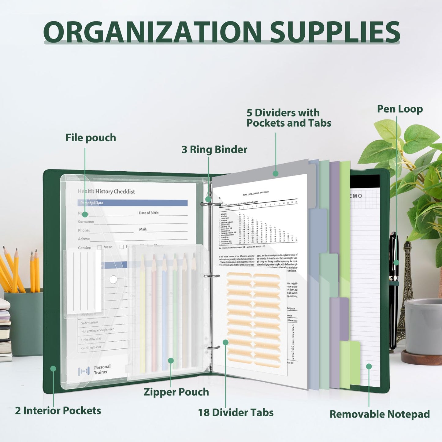 BVSSX 3 Ring Binder with Clipboard,1 Inch Binders with Notepad&5 Dividers with Pockets, Labels,PU Clipboards for School Office(Green,Letter Size)