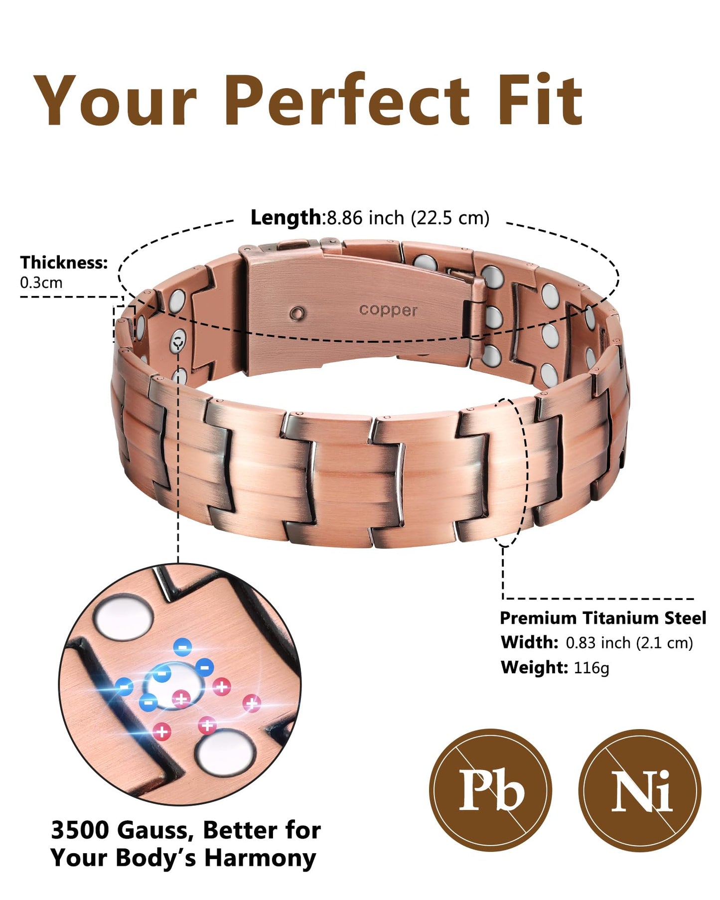 Feraco Copper Bracelet for Men - Ultra 3X Strength Adjustable Magnetic Therapy Bracelet with Sizing Tool and Premium Fold-Over Clasp