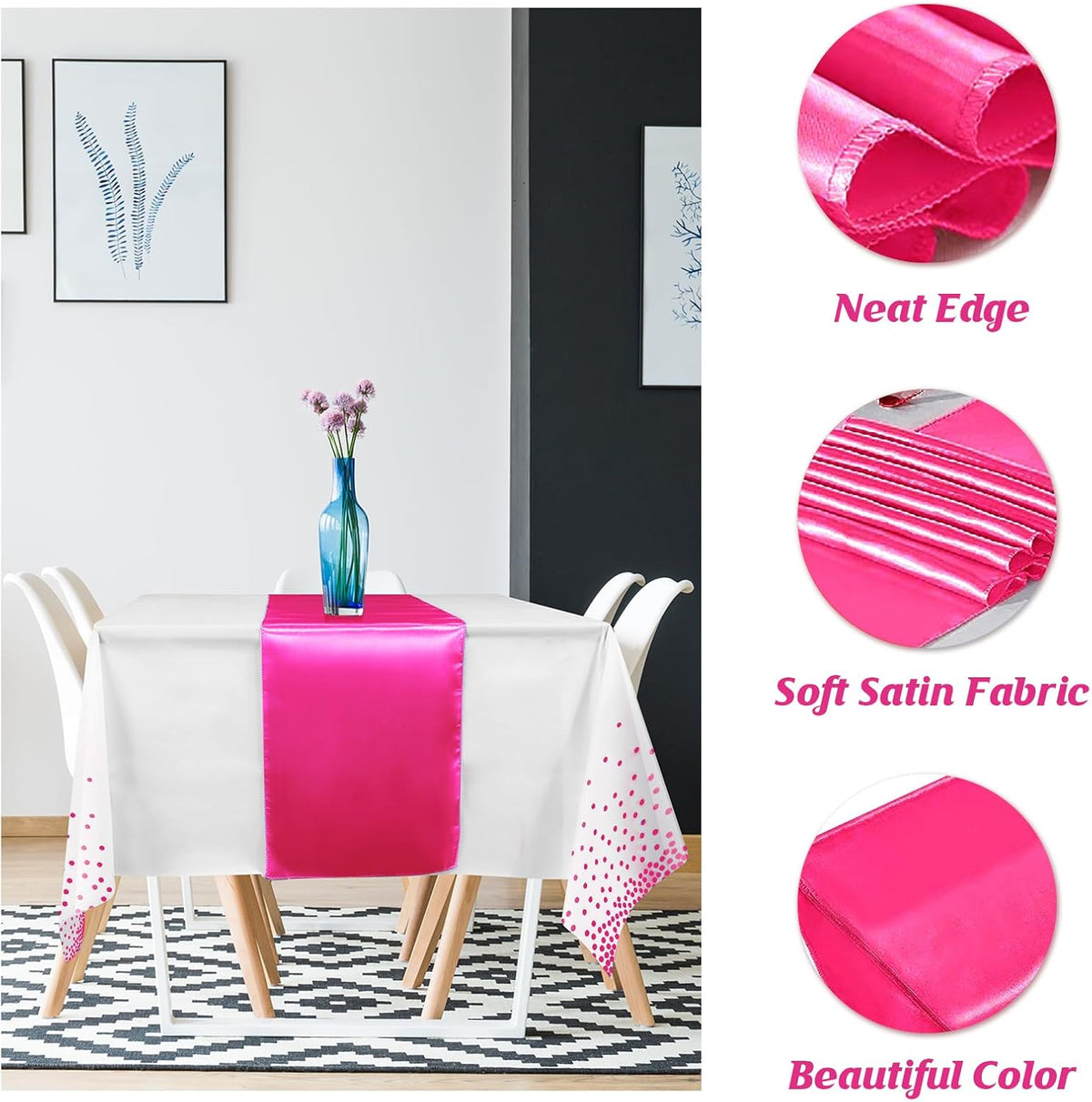 MASHAN 8Pack Disposable Plastic Party Tablecloths & Satin Table Runner Set - White Hot Pink Dot - Wedding, Birthday, Baby Shower - 54 x 108 Inch