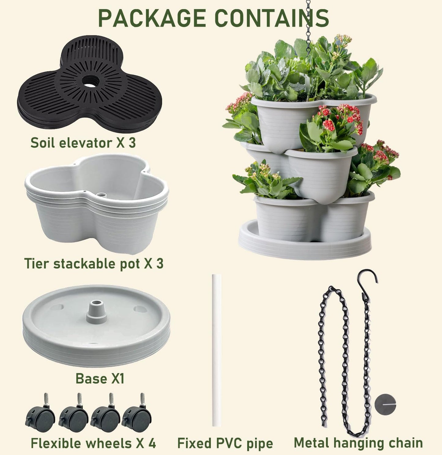 Birheatry Vertical Strawberry Planter 3 Tier Hanging Vertical Gardening Stackable Planter, Hanging Strawberry Planter Pot for Strawberries, Flowers, Herbs, Vegetables with Removable Wheels and Hooks