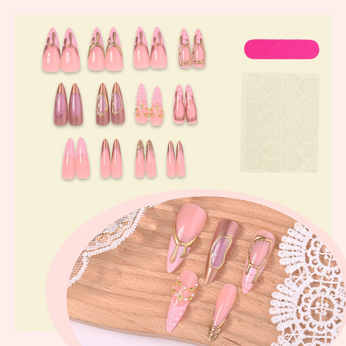 RUOKEXIN Long Stiletto Press on Nails French Tip Fake Nails Pink False Nails with Gold 3D Designs VAlmond Nail Press ons Sparkly Artificial Nails for Women 24Pcs