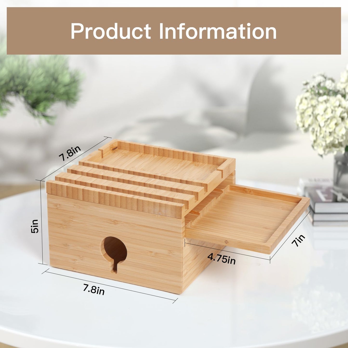 PERFECYEE Bamboo Charging Station for Multiple Devices, Desktop Charger Organizer with Small Tray, Compatible with Cell Phone, Tablet, Earphones (with 5-Cable, No USB Charger)