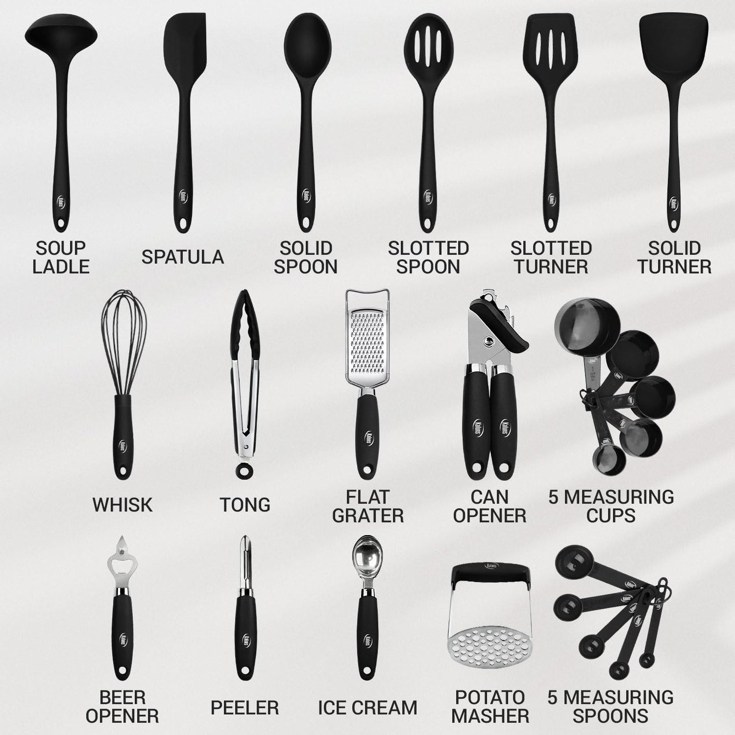 Kaluns Silicone Kitchen Utensils Set 24 Pcs Silicone Cooking Utensils Set - Can Opener, Masher, Turner, Spatula 446°F Heat Resistant Non-Stick - Premium Utensil Set