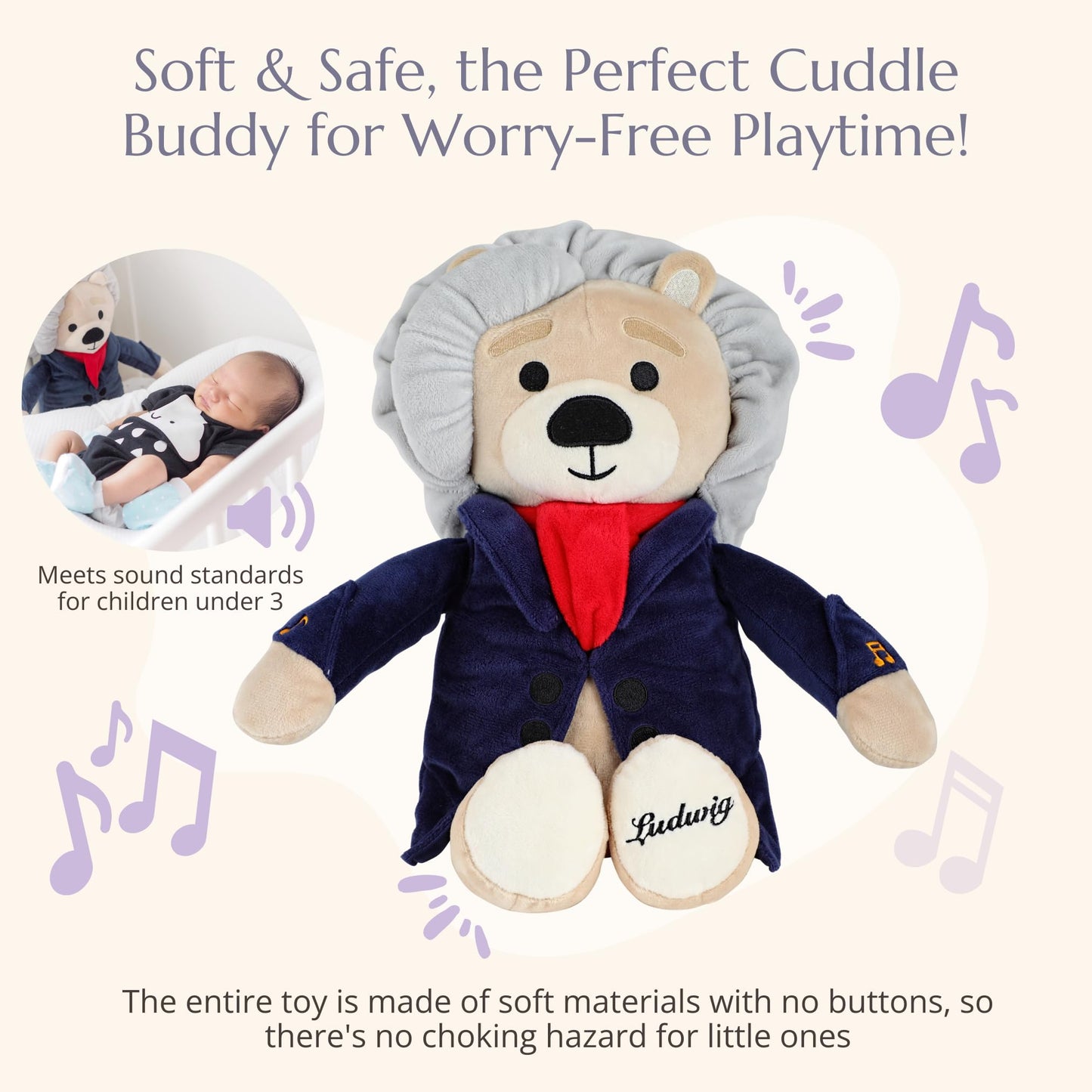 Vosego Ludwig Van Beethoven Virtuoso Bear – Plays 40 Mins of Classical Music, Educational & Soothing Musical Teddy Bear for Babies & Toddlers, Ideal