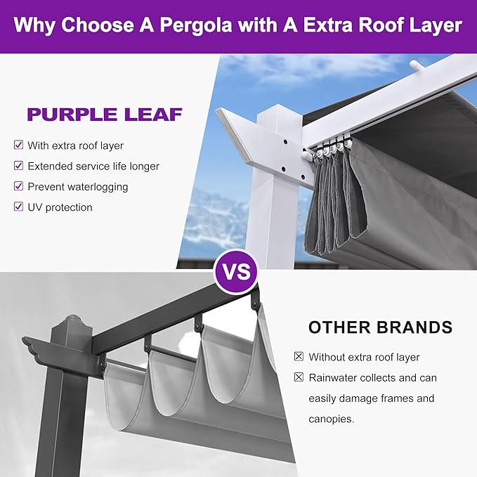 PURPLE LEAF Outdoor Retractable Pergola with Curtains 10' x 10' White Patio Aluminum Pergola with Sun Shade Canopy for Backyard Deck Garden Modern Metal Pergola, Gray