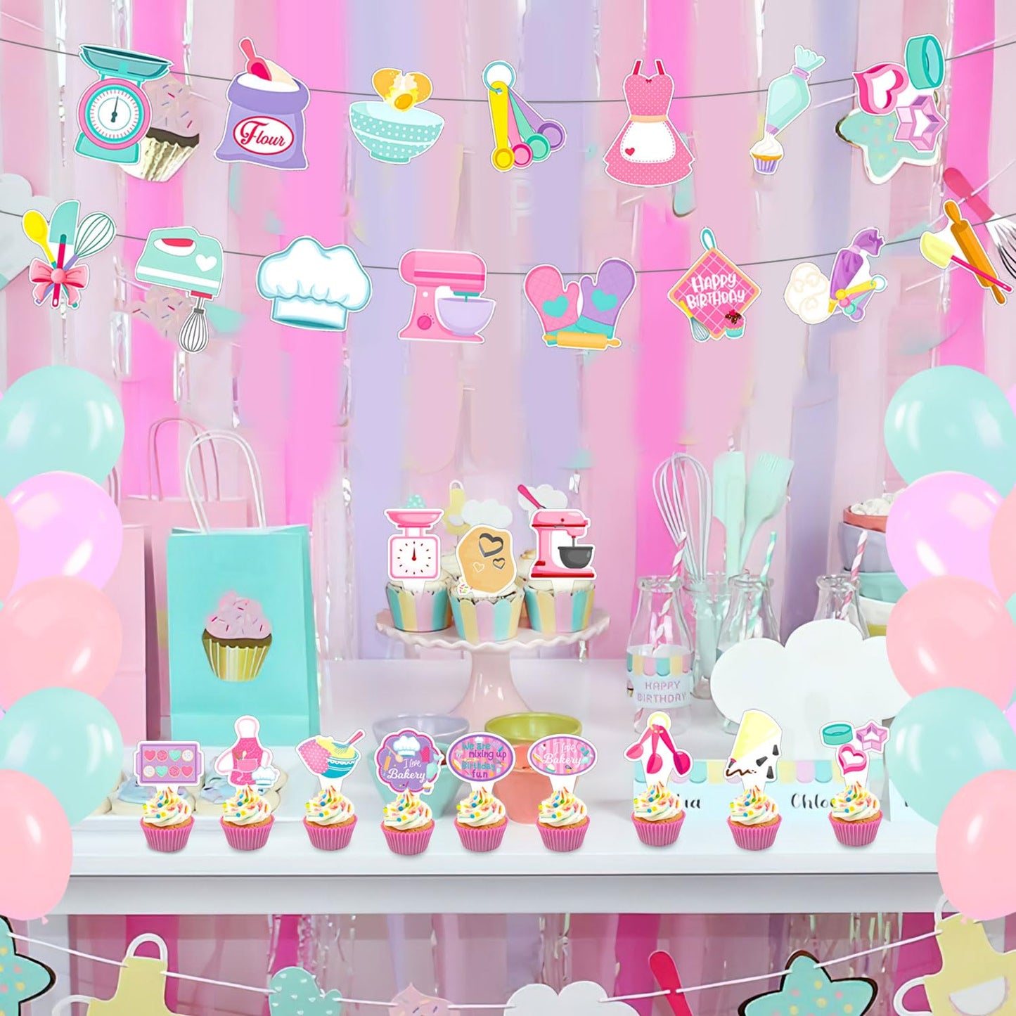 NlSIFU 59 Pcs Baking Birthday Party Supplies, Baking Themed Decorations with Backdrop, Banners, Balloons, Cake & Cupcake Toppers in Pink