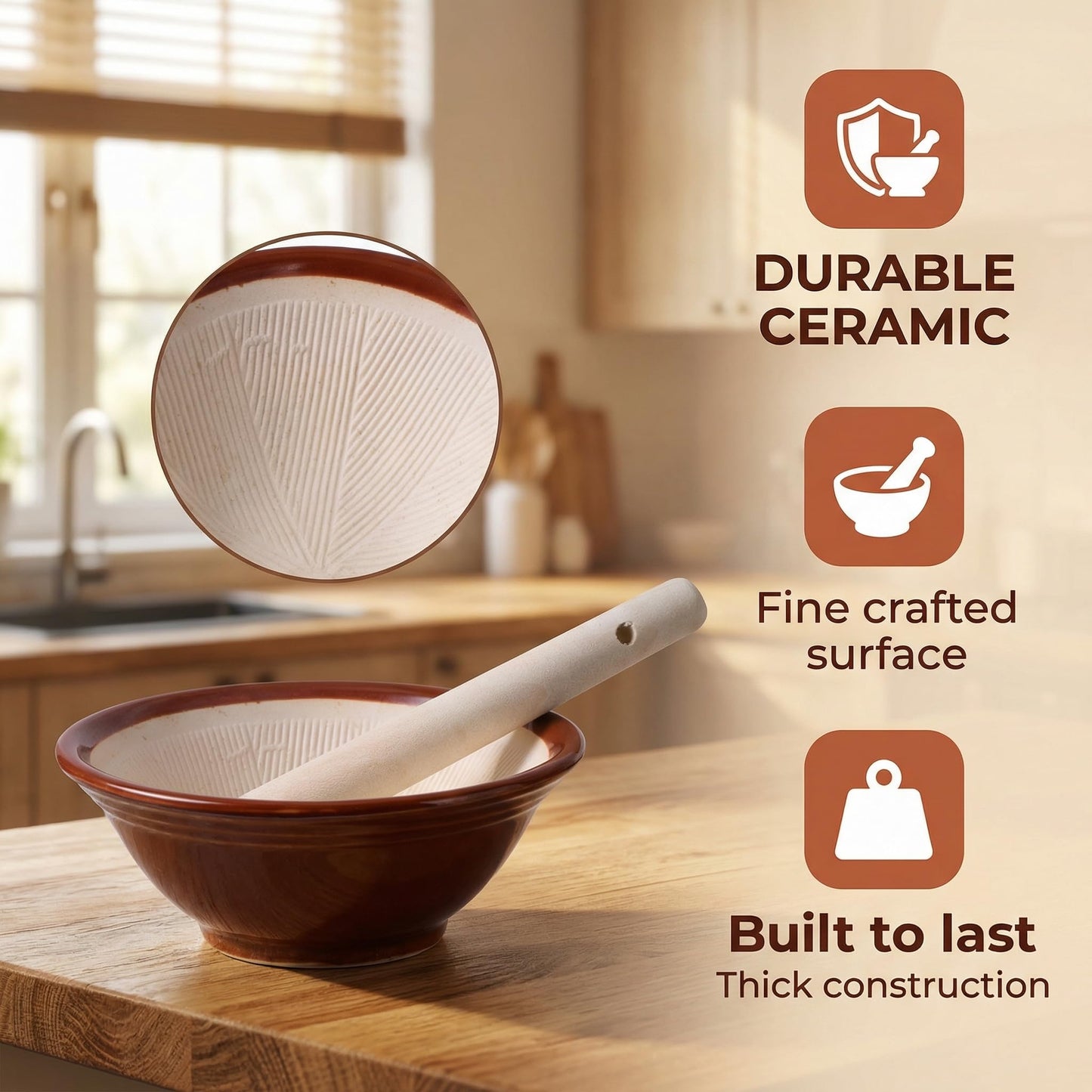 IMIKEYA Japanese Suribachi Mortar and Pestle Set: Ceramic Spice Grinder Bowl with Wooden Pestle for Grinding Seeds, Garlic, Ginger, and Spices