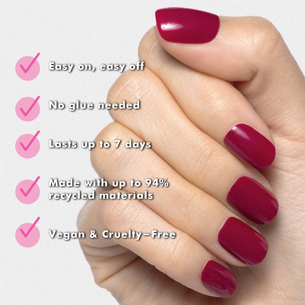 Olive & June Classic Super Stick Mani Press On Nails | No Glue Needed | 32 Tab Nails 16 Sizes | Non-Toxic Tabs Easy On-Off Non-Damaging Realist Look 7-Day Wear | Extra Short, Squoval | Mulberry Maroon