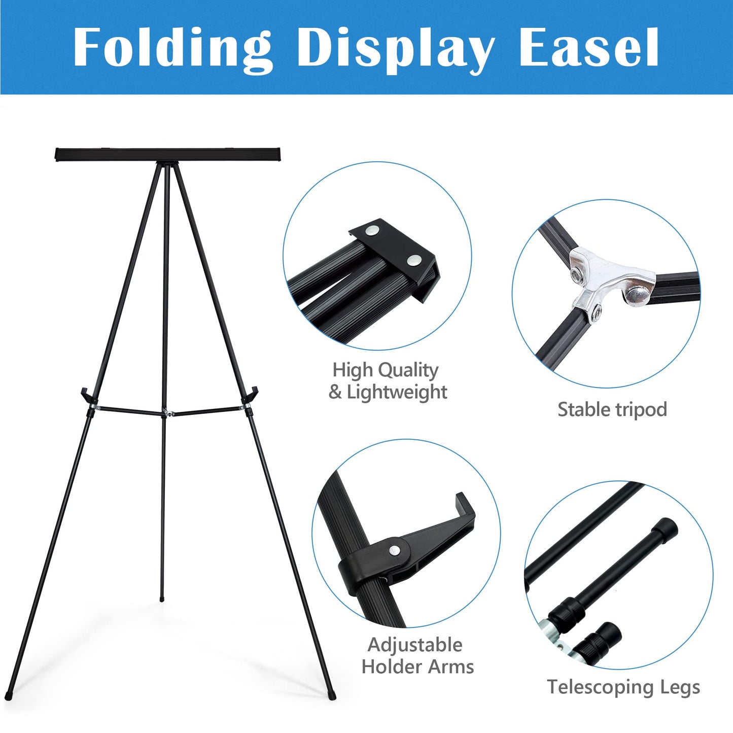 Falling in Art Aluminum Flip Chart Display Easel Stand with Adjustable Floor for Boardroom, Whiteboard, Paper Pads, Signage, 63 1/2'' High, Black